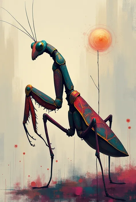 Image of an abstract praying mantis with many colors that looks aesthetically beautiful to put in a painting, that is not hyper realistic but not completely animated either