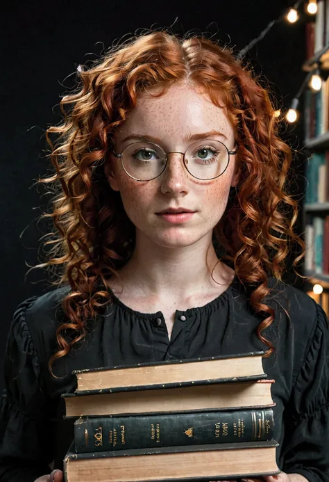 curly red-haired girl, with freckles on her face and glasses, wearing a black loose blouse, holding some books.