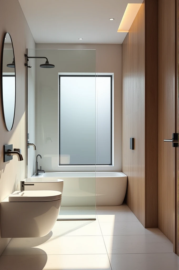  contemporary bathroom , small frosted glass window, super realistic render vray, with glass box up to the ceiling , suspended sanitary ware , wooden panel ,premium bathroom design, Cinematic Soft Vray,high quality rendering, render vray, Smooth, studio-qu...