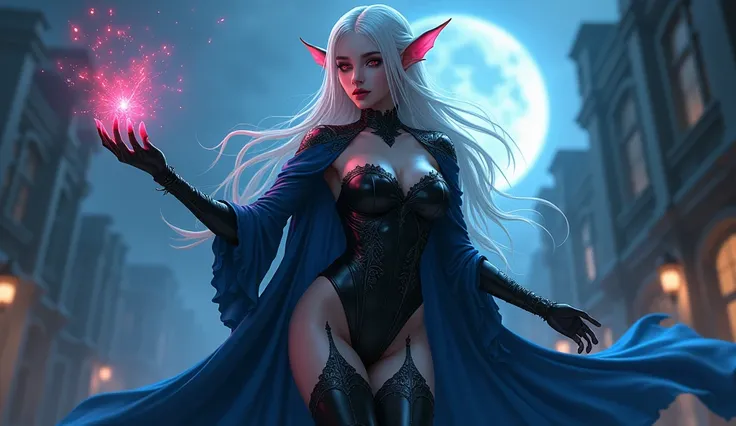 anime comic illustration fantasy art, gothic art, portrait of a female vampire elf, casting dark spell, with a long curvy hair, light color hair, red eyes, busty, Ultra Detailed Face, small pointed ears, blue cloak,  flowing cloak, wearing an intricate bla...