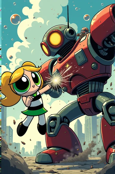 Bubbles fly around the robot, dodging their attacks. Buttercup launches herself at the robot and begins to dismantle its limbs and flies off to Mojo Jojo&#39;s lair.