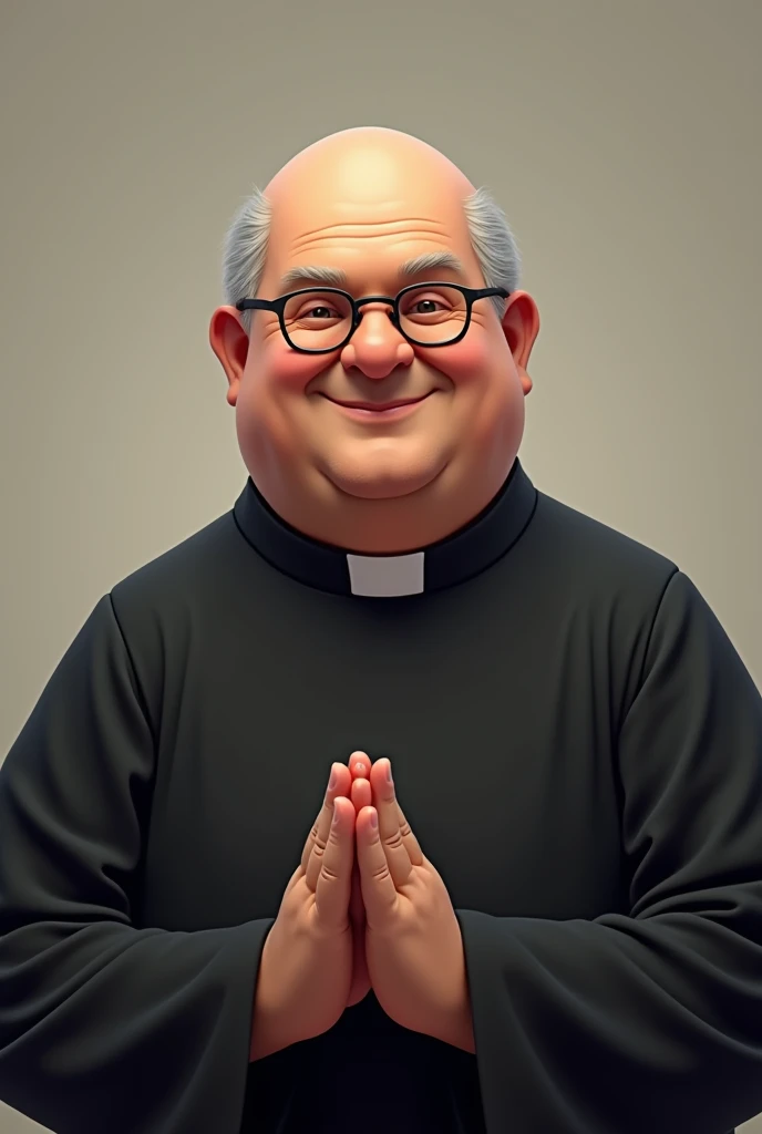 Bald priest with gray hair on the sides, a little fat, with glasses, black clothes and smiling