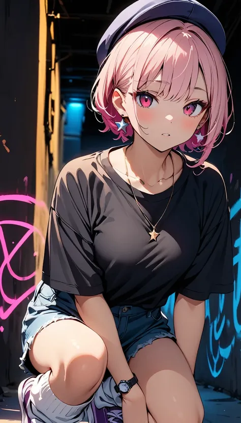 (high quality, 8k, 4K, High Contrast, masterpiece:1.2, 最high quality, Best aesthetics),high angle shot, full shot, Newsboy cap:1.1, ((1 female)),((Crouching:1.5)), ((Low light graffiti background:1.3)), ((Flat Color)),High Contrast, Contrasting colors, , P...