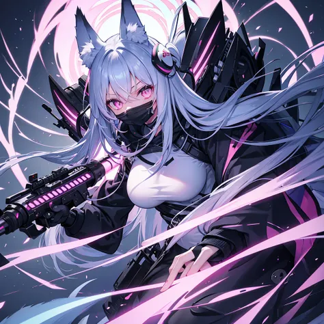 long hair, dark blue hair with white highlights, Fox ears, big breasts, Pink eyes, glowing eyes, helmet with night vision device, white kitsune mask on the upper half of the face, black mask covering the mouth, open tactical suit, weapon behind back, katan...