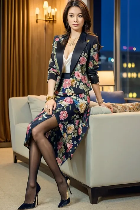 (Floral print blazer)、Business Blouse、(Floral print midi skirt:1.3)、((Full Body Portrait))、(silk pantyhose)、Sitting、(Both legs and high heels look beautiful.)、1 girl、(Perfect Anatomy, Perfect body, Perfect hands, Perfect Face, Perfect Eyes, Accurate, Anato...