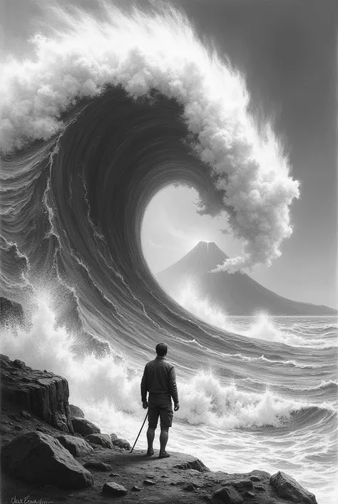 tsunami, the water coming like an avalanche towards the observer of the image, volcano, black and white drawing, pencil draw 