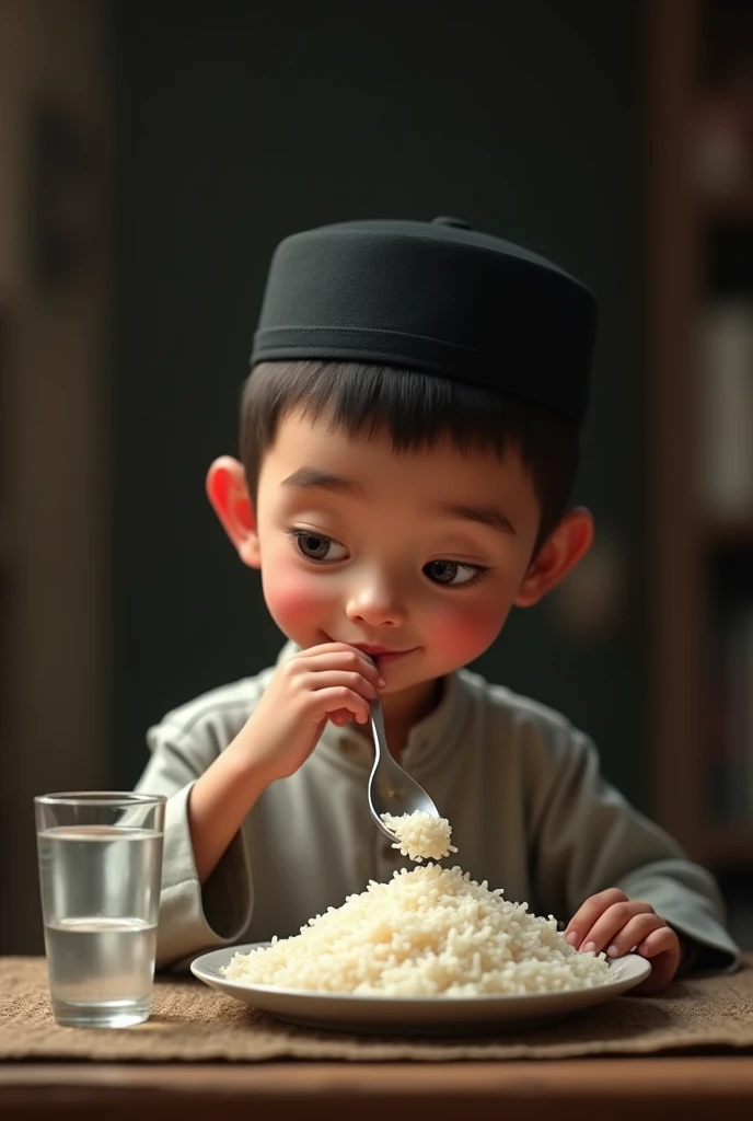 Make me a picture of a young man Age 12 years while drinking water eating rice White Muslim as a side dish And wearing a black cap 