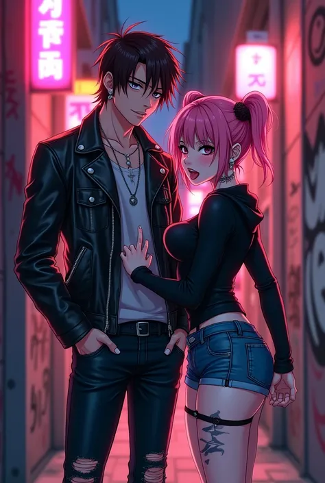 a couple of a man and a woman, anime illustration, ((masculine, mature man, dark brown haired man, dark brown eyes, sleepy eyes, punk leather jacket, ripped tight jeans, ears piercings, hugging a woman)), (((woman has undercut pink hair, wears black top, d...