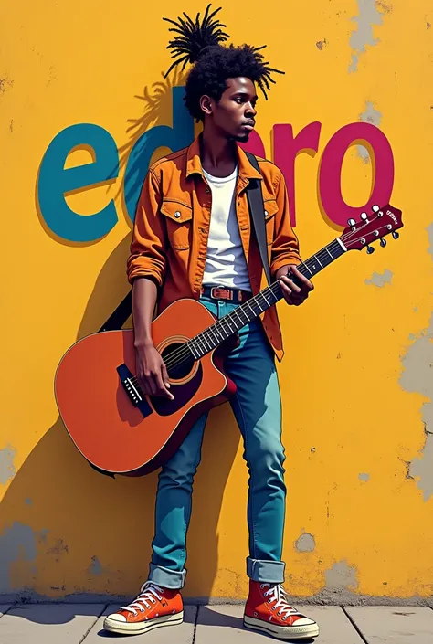 2d illustration of a young dark-skinned man with long curly hair tied above his head with a guitar in his hand and on a wall behind him the letters EDPRO