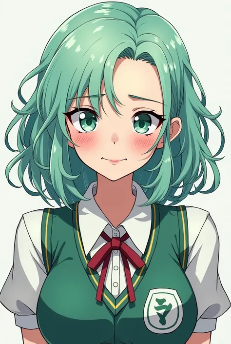 girl panel style Boku no hero wavy hair medium hair light mint color very bright mint eyes very slanted eyes clothing Boku no hero uniform very light skin sarcastic smile showing teeth sexy eyes full mouth pretty 