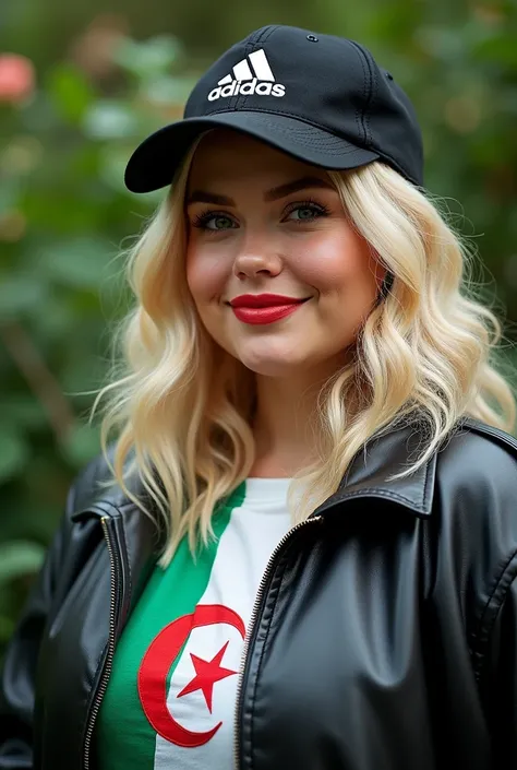 Close up, blonde, plump woman . Wearing a black leather coat, a colorful Adidas hat, a T-shirt embroidered with the Algerian flag in white and green, green nature background 