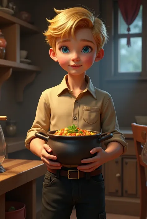 Create an image: a realistic boy with blond hair, metallic blue eyes, with beige shirt and black pants with pocket, he is handsome and is in a wooden room holding a pot with food. It is part of a fantasy book 