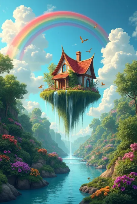 Beautiful garden, flowing stream above, fantasy clouds and rainbow rising, floating house attached on the garden