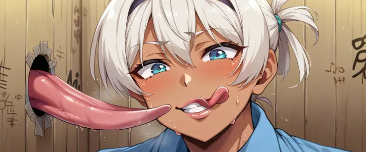 score_9, score_8_highly, score_7_highly, source_hentai,Takeda-Hiromitsu-Stil,tannde skin, cheeky smile, botox lips, long tongue, spit, Licking lips, white hair tied together, Cardboard glory hole, Sweat, Sweatdrop, Background bedroom, best quality, ​master...