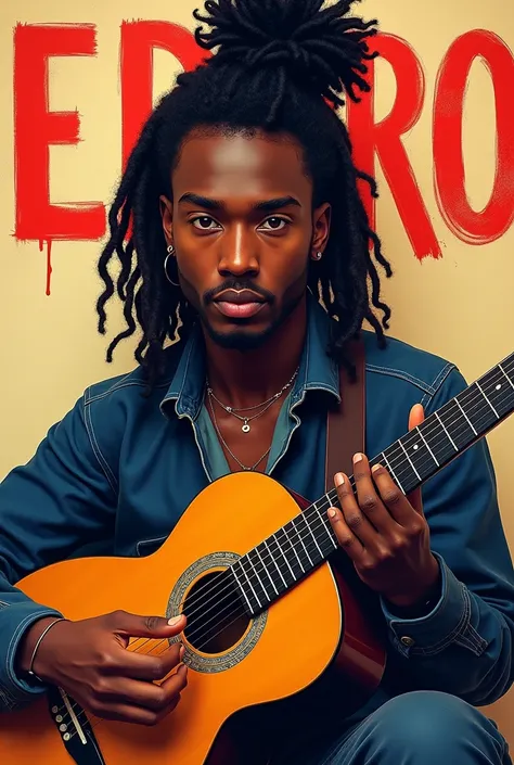 Drawing of a dark-skinned, slightly chubby young man with long curly hair tied on top of his head with a guitar in his hand and on a wall behind him the letters EDPRO