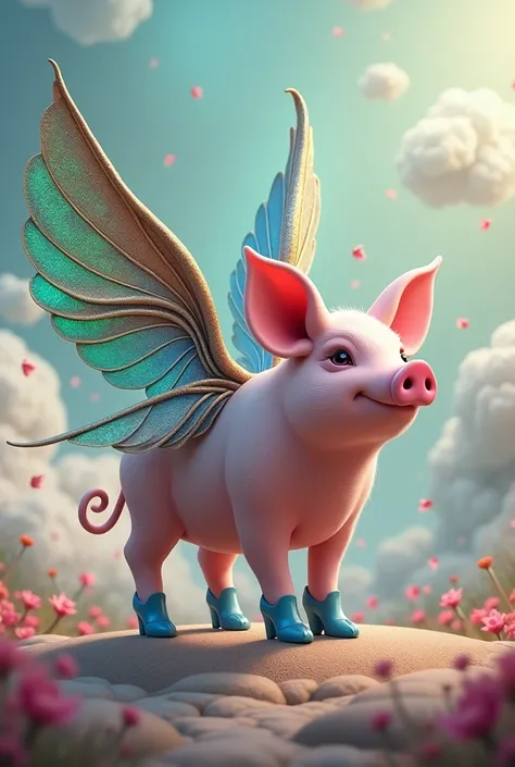 A pig with Ada wings and blue heels 