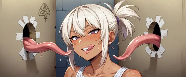 score_9, score_8_highly, score_7_highly, source_hentai,Takeda-Hiromitsu-Stil,tannde skin, cheeky smile, botox lips, long tongue, spit, Licking lips, white hair tied together, Cardboard glory hole, Sweat, Sweatdrop, Background bedroom, best quality, ​master...