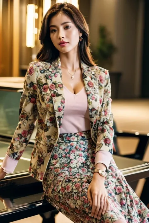 (Floral print blazer)、Business Blouse、(Floral print midi skirt:1.3)、((Full Body Portrait))、(silk pantyhose)、Sitting、(Both legs and high heels look beautiful.)、1 girl、(Perfect Anatomy, Perfect body, Perfect hands, Perfect Face, Perfect Eyes, Accurate, Anato...