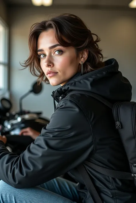 photo de profil pour discord, une jeune femme. regarde vers lorizon. sur une Kawasaki z500. 
cheveux court
Age 20ans
arrière plan garage 
les cheveux son bruns
elle a une sac de sport noir sur le dos
position 3/4

tete de la femme avec des cheuveux tres co...