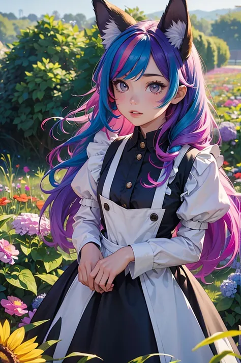 A girl with long hair and rainbow-colored hair is wearing a maid outfit and standing in a flower field with lots of big flowers. Upper body, fox ears.