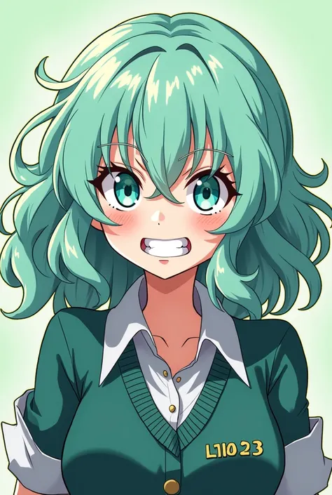 girl panel style Boku no hero wavy hair medium hair light mint color very bright mint eyes very slanted eyes outfit Boku no hero uniform fair skin sarcastic smile showing teeth