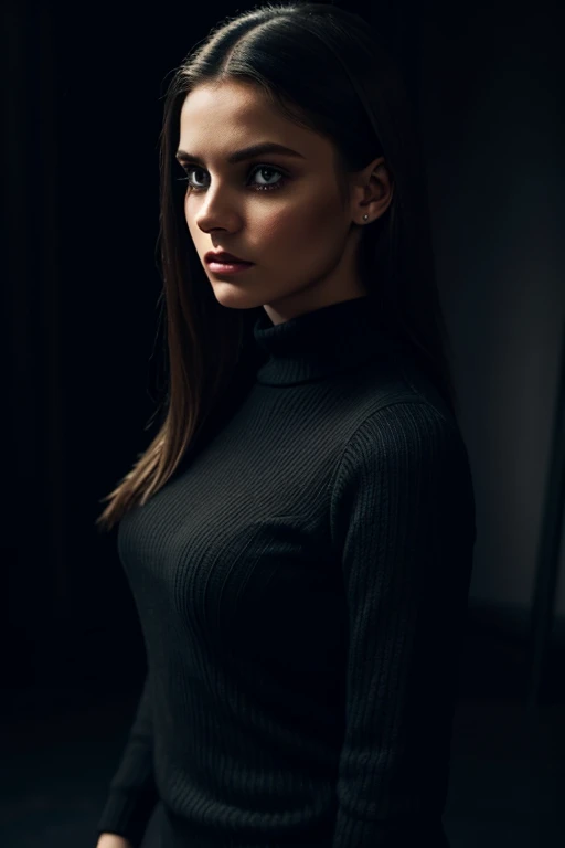 a young woman in a tight black virgin destroyer sweater, detailed face, beautiful eyes, full lips, long lashes, elegant pose, standing in a dark moody studio, dramatic lighting, cinematic atmosphere, high contrast, muted color palette, moody, atmospheric, ...