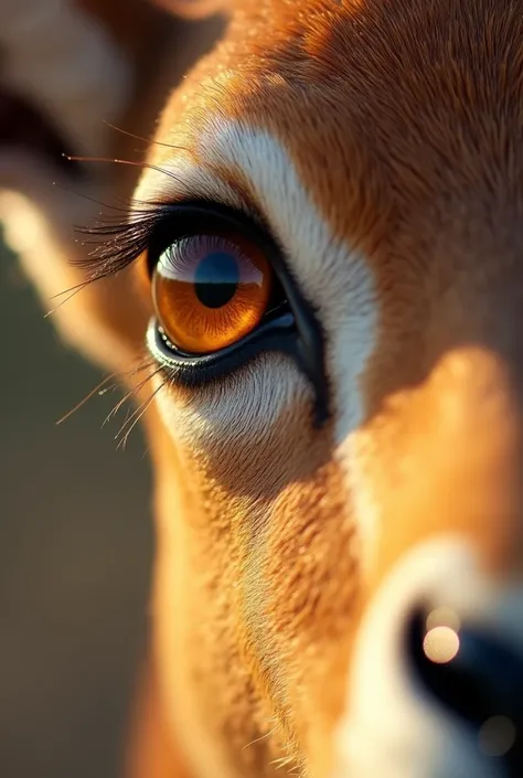 Extreme close-up of a gazelles eyes. Inside these eyes is a reflection of sunlight.