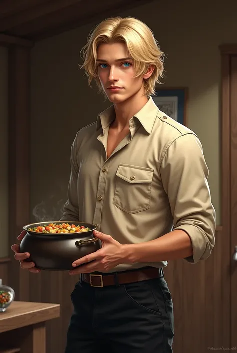 Create an image: a realistic young adult with blonde hair, metallic blue eyes, with beige shirt and black pants with pocket, he is handsome and is in a wooden room holding a pot with food. Rpg IA 1