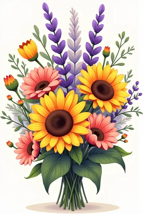 A cartoon drawing of a bouquet with the following flowers: sunflowers, lavender flowers and pink and yellow gerberas 