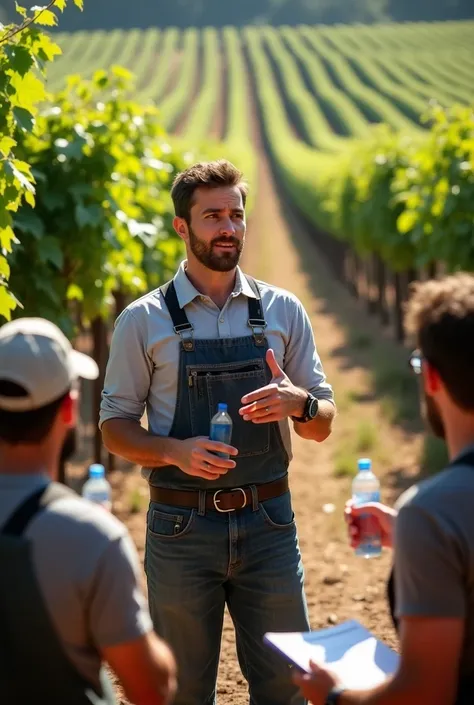 Create an image of a health presentation on the importance of hydration for workers on a grape plantation (remember to show the workers drinking water during the lecture)