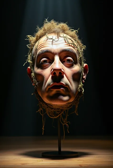 Man&#39;s face on natural mask standing on stage written Tyros_Talia is as real as in real life 