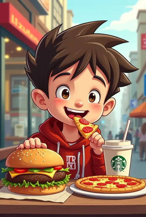 Make me a picture Cartoon of a young man Age 12 years Eating Berger and Fitsa while drinking Starbucks coffee 