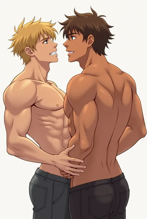 Create a hot yaoi image of a character with blonde hair and another with brown hair both are showing their dicks, The blonde haired one is grabbing the brown haired one&#39;s ass.
The one with blond hair is muscular, the brown haired one is just defined.
B...