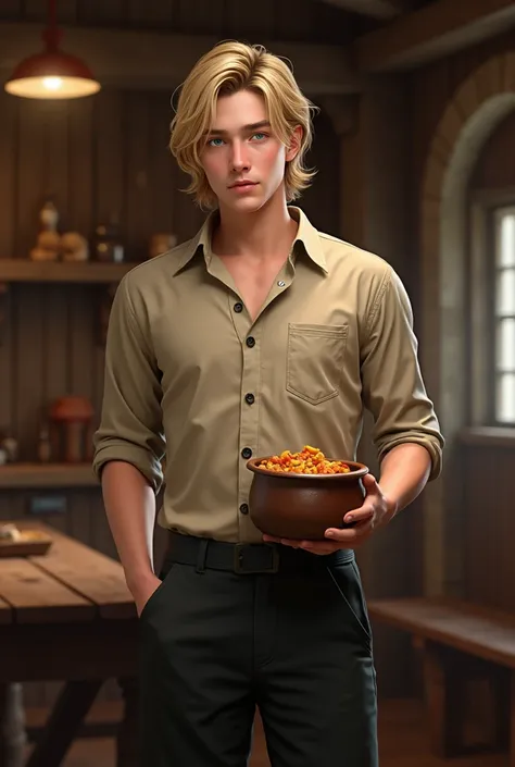 Create an image: a realistic young adult with blonde hair, metallic blue eyes, with beige shirt and black pants with pocket, he is handsome and is in a medieval wooden room holding a pot with food. Add a lot of realism