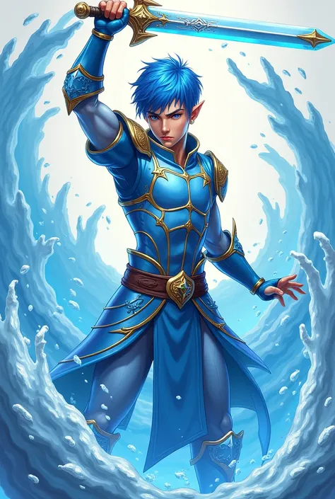 A 2D anime illustration, a young elf man, slender and strong, with short blue hair and light blue armor, with a magic sword held high and water powers. With metallic details in your clothes.