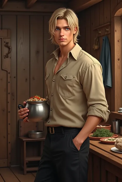 Create an image: a realistic young adult with blonde hair, metallic blue eyes, with beige shirt and black pants with pocket, he is handsome and is in a medieval wooden room holding a pot with food. Add a lot of realism