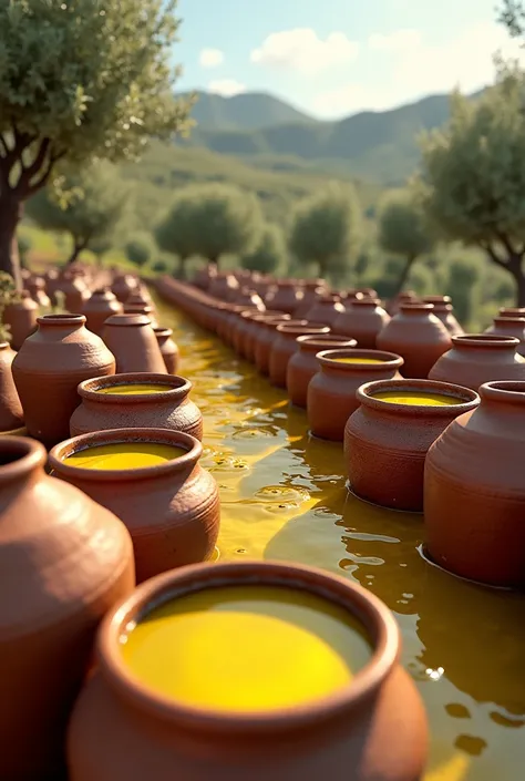 Realistic image of many clay jars being filled with fresh olive oil overflowing