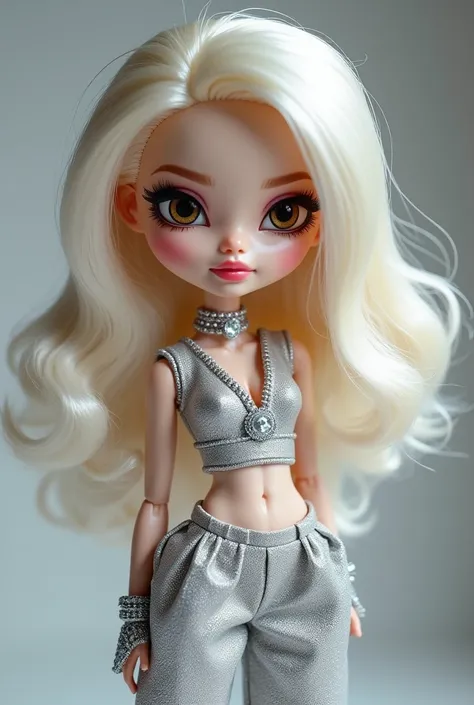 Create a white skin bratz doll, medium length hair, Brown eyes dressed in a silver top and wide pants that match her clothes and makeup, Give her accessories that make her dazzle