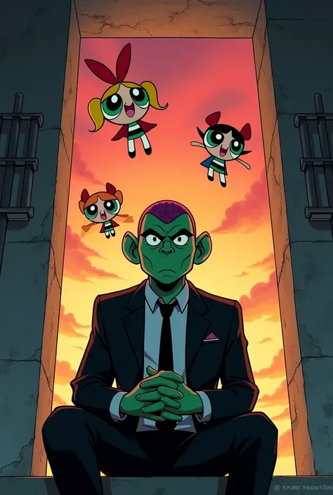 The story ends with an image of Mojo Jojo in jail planning his next revenge as the girls fly away into the sunset Mojo Jojo in anime with clothes 