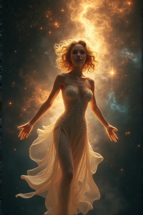 Sexy beautifull  woman,  5, floating in outer space, nebulas, stars, sparks, dazzling,  small breast ,happy , mouth length blond curly hair,  2/3 front view 