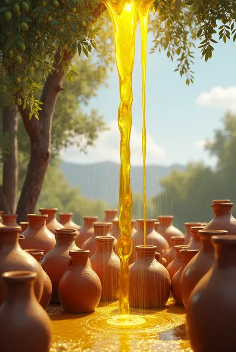 Realistic image of many clay jars being filled with fresh olive oil overflowing from the sky