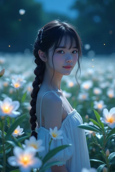 girl standing in the middle of a white plumeria field at night time wearing a summer dress, fireflies,Masterpiece, High Resolution, Accurate, French Braid, Hair Rings, Smile, Blue eyes, Parted Lips, Light Smile, Tearing up