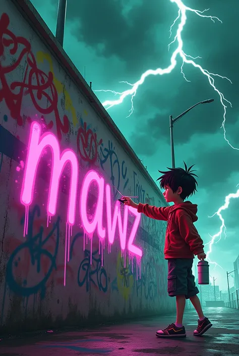 A Japanese boy graffitiing the word mawz on a wall in fuchsia and thunder falling from the sky with a greenish turquoise background 