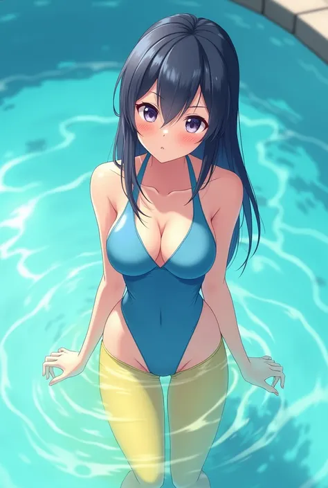 Anime girl, girl in the pool, girl in a blue swimsuit, pissing, pissing herself, pissing bright yellow urine, bright yellow urine gets into the pool, bright yellow urine dissolves in the pool