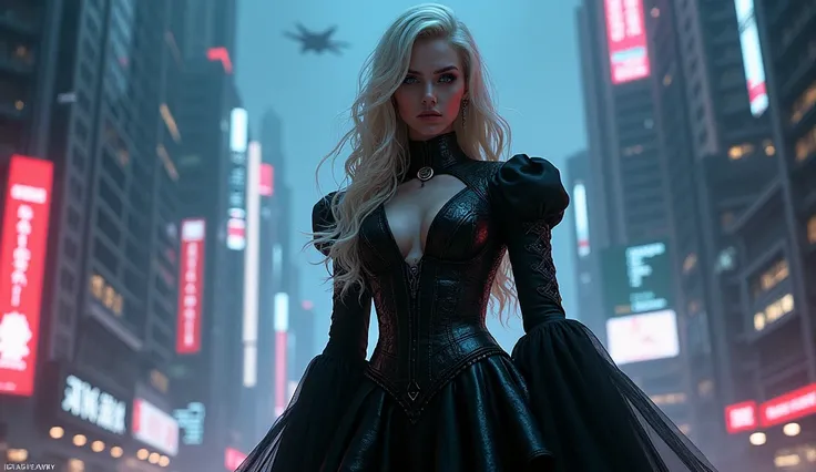 Gothic woman, blonde, background cyberpunk city, sexly