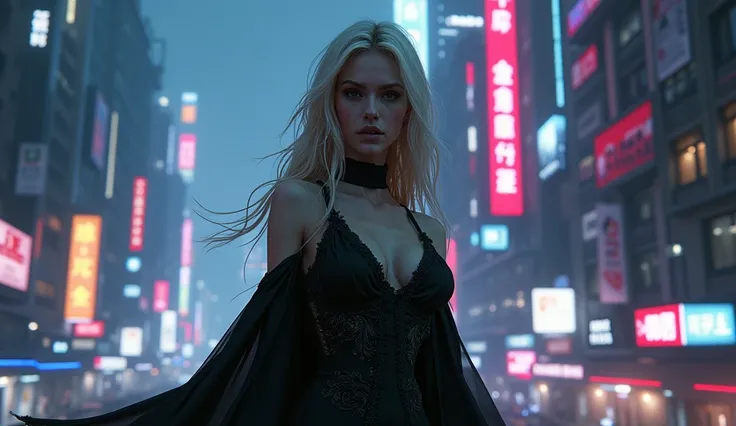 Gothic woman, blonde, background cyberpunk city, sexly