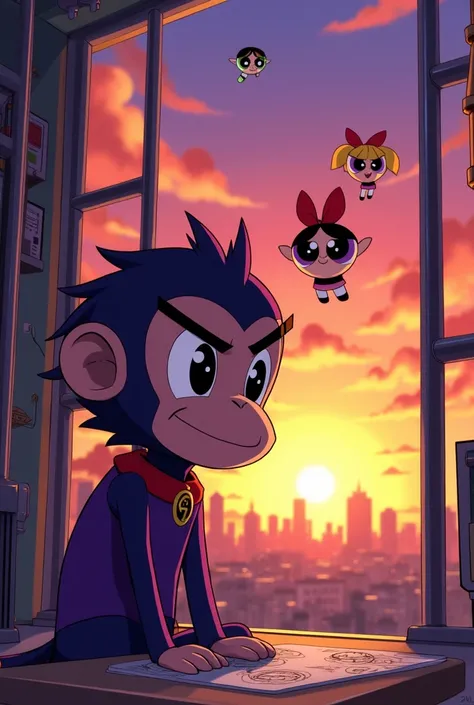 The story ends with a shot of Mojo Jojo in jail planning his next revenge as the girls fly away into the sunset Mojo Jojo in anime wearing purple clothes and being a cute monkey 