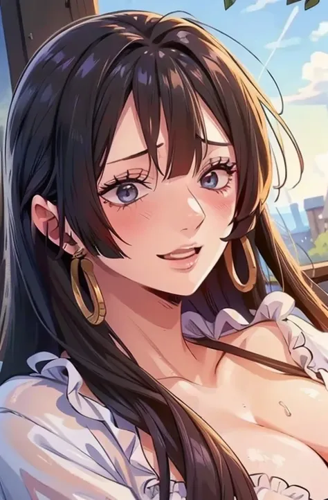 best quality, masterpiece, highly detailed,1girl, Boa Hancock, (masterpiece:1.5), Detailed Photo, Smiling, Sexy, (8K, Photorealistic, Best Quality: 1.4), (1girl), Beautiful Face, (anime realistic Face), (Black Hair, long Hair: 1.3), Beautiful Hairstyle, Re...