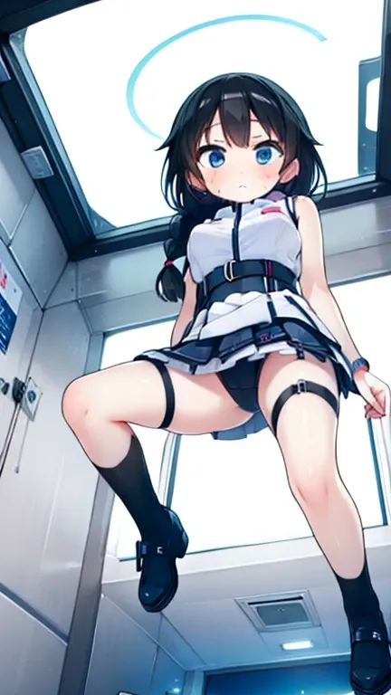 (Highest quality), (masterpiece), 1080P, High resolution, 4K, 8k, Inside the space station、Futuristic room、Thigh straps, Shooting from directly below, The woman on top of me, 白いSweat, Covered , Sweat, Woman looking down, Skirt swimsuit, Thigh-high socks, T...