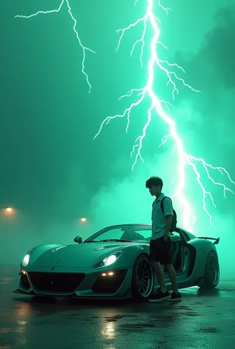 A Japanese sports car and a Japanese boy is coming out of it with a greenish turquoise background and thunder is falling. 